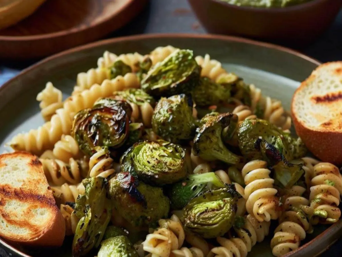 Pesto Pasta With Roasted Brussel Sprouts and Garlic Bread