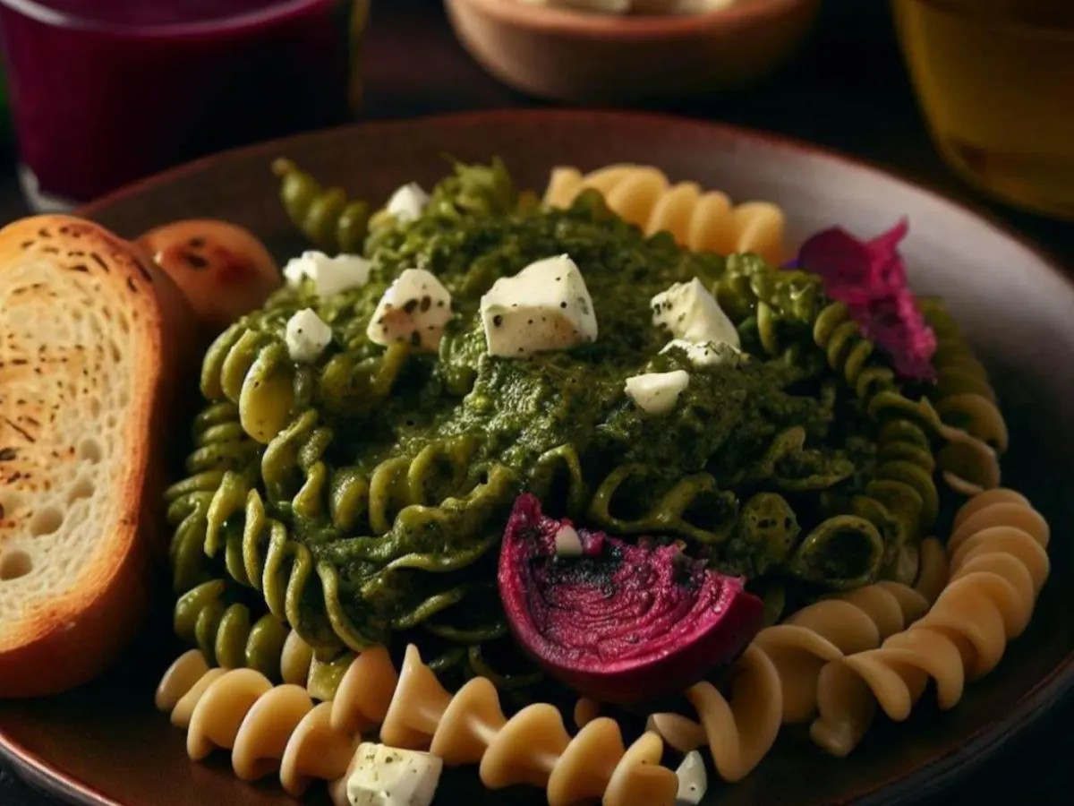 Pesto Pasta With Beets & Feta and Garlic Bread