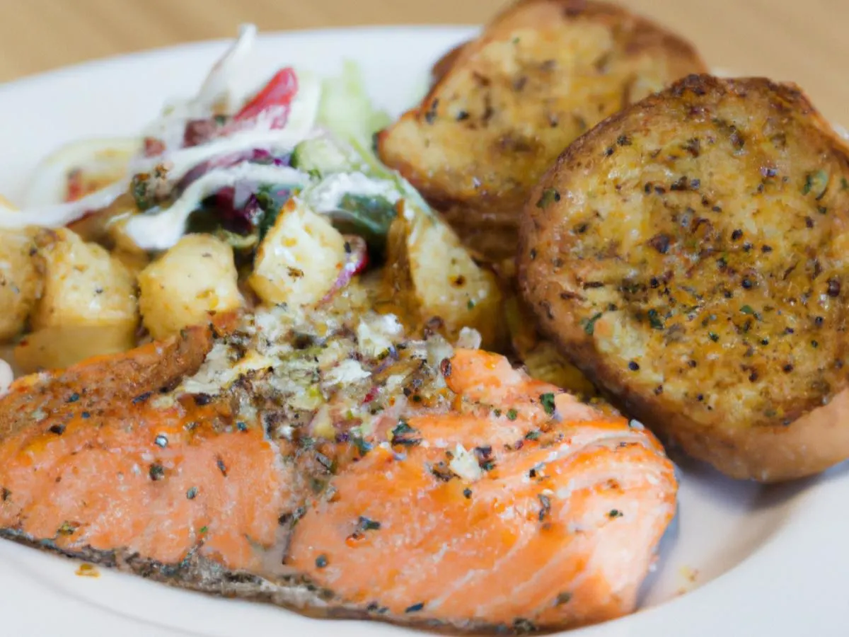 BBQ Salmon With Potato Salad and Garlic Bread