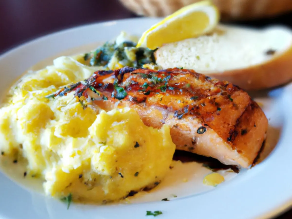 BBQ Salmon With Cheesy Mashed Potatoes and Garlic Bread