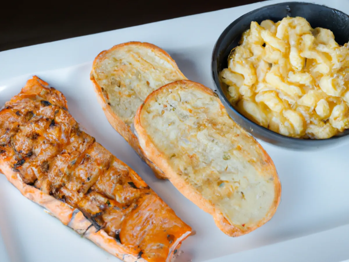 BBQ Salmon With Mac & Cheese and Garlic Bread