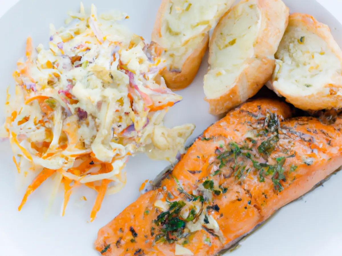 BBQ Salmon With Creamy Slaw and Garlic Bread