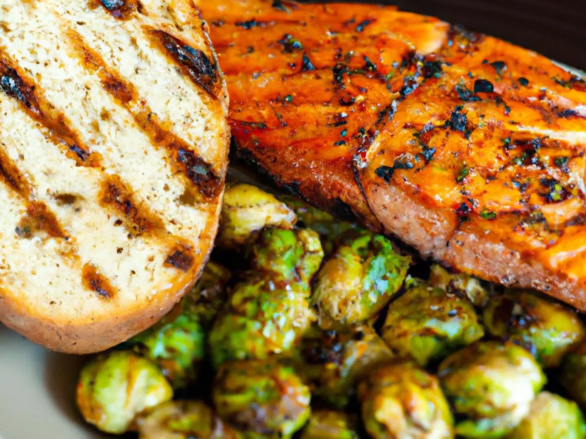 BBQ Salmon With Roasted Brussel Sprouts and Garlic Bread