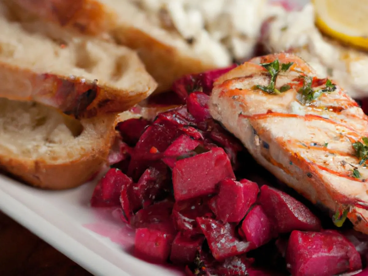 BBQ Salmon With Beets & Feta and Garlic Bread