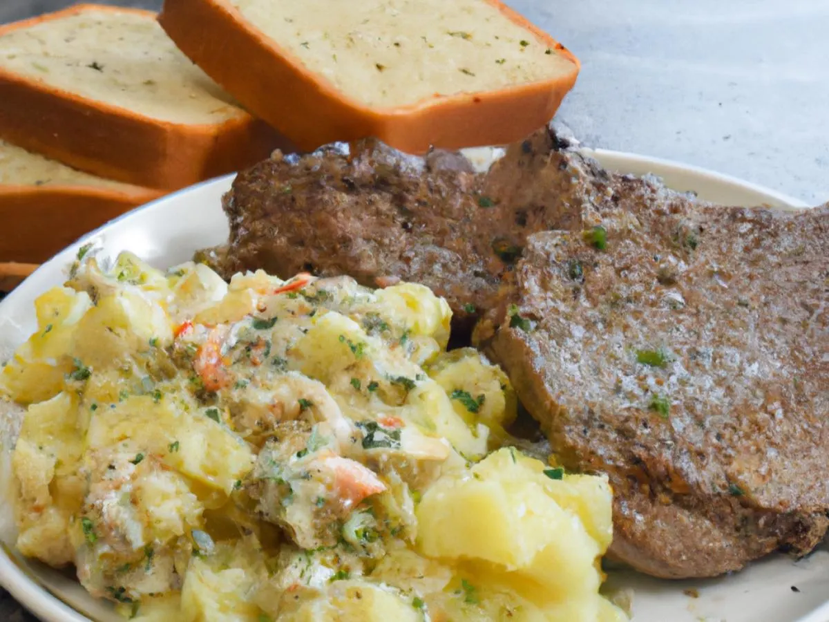 Brisket With Cheesy Mashed Potatoes and Garlic Bread