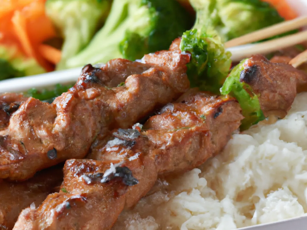 Pork Filipino BBQ Skewers with Vegan Pancit Sotanghon and Sauteed Vegetables Pork Filipino BBQ Skewers with Vegan Pancit Sotanghon and Sauteed Vegetables