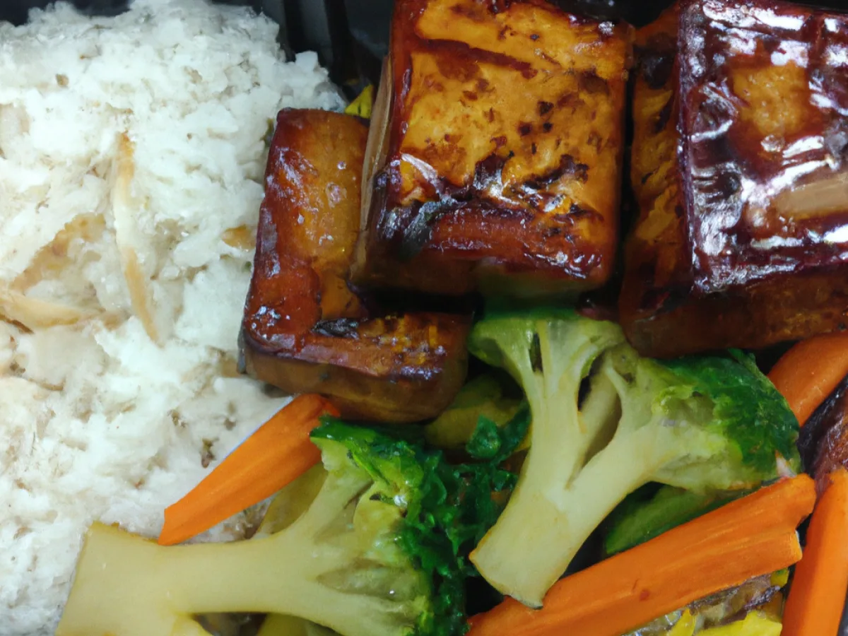 Grilled Tofu & Mushroom in BBQ Glaze with Jasmine Rice and Sauteed Vegetables Grilled Tofu & Mushroom in BBQ Glaze with Jasmine Rice and Sauteed Vegetables