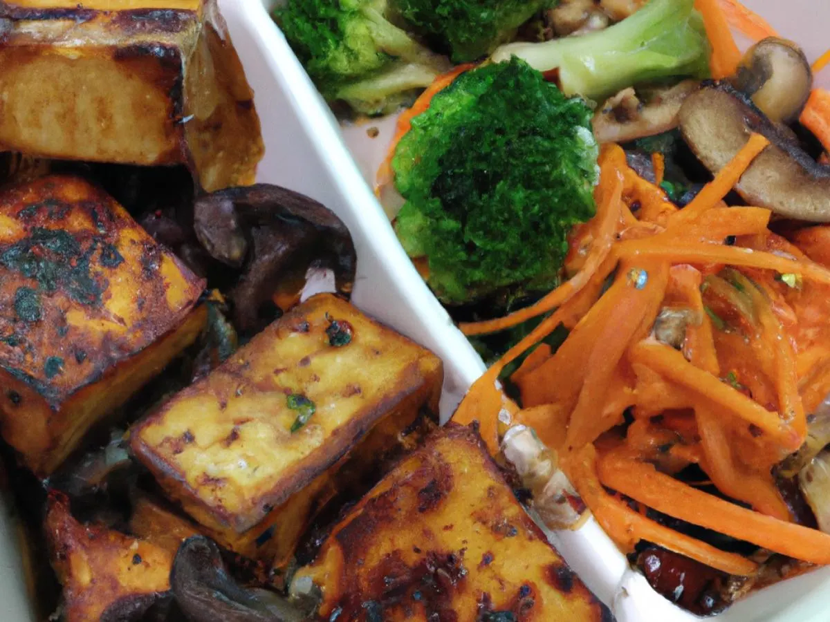 Grilled Tofu & Mushroom in BBQ Glaze with Vegan Pancit Sotanghon and Sauteed Vegetables Grilled Tofu & Mushroom in BBQ Glaze with Vegan Pancit Sotanghon and Sauteed Vegetables