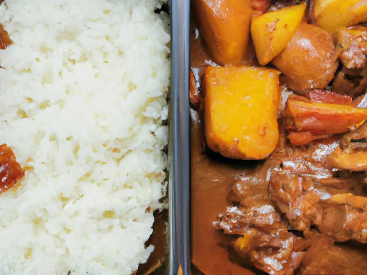 Potato and Pork Rib Stew, Braised Chicken in Brown Sauce with White Rice Potato and Pork Rib Stew, Braised Chicken in Brown Sauce with White Rice