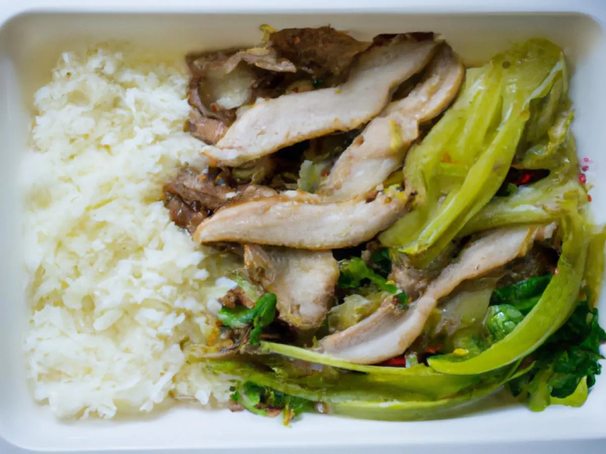 Sliced Thin Pork With Green Pepper, Pig's Intestine in Brown Sauce with White Rice Sliced Thin Pork With Green Pepper, Pig's Intestine in Brown Sauce with White Rice
