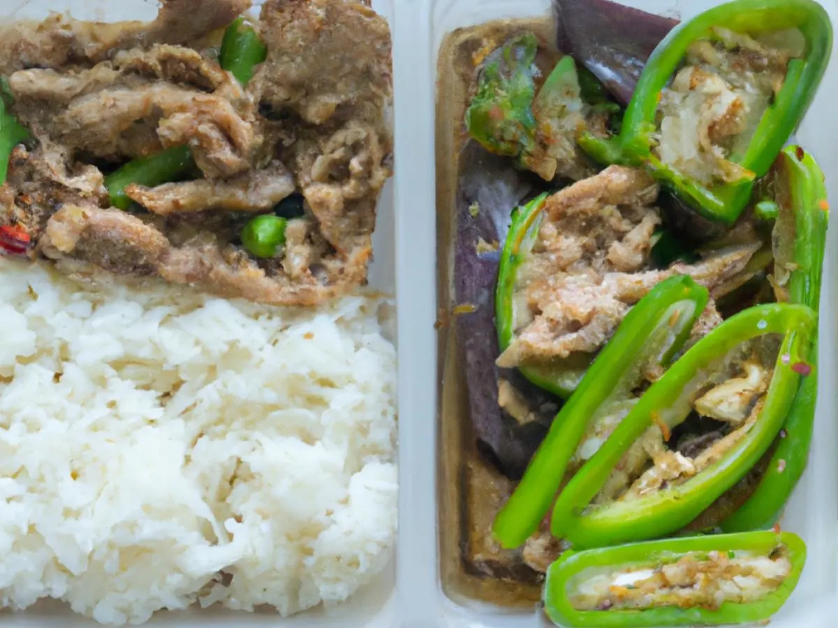 Sliced Thin Pork With Green Pepper, Minced Pork With Eggplant with White Rice Sliced Thin Pork With Green Pepper, Minced Pork With Eggplant with White Rice