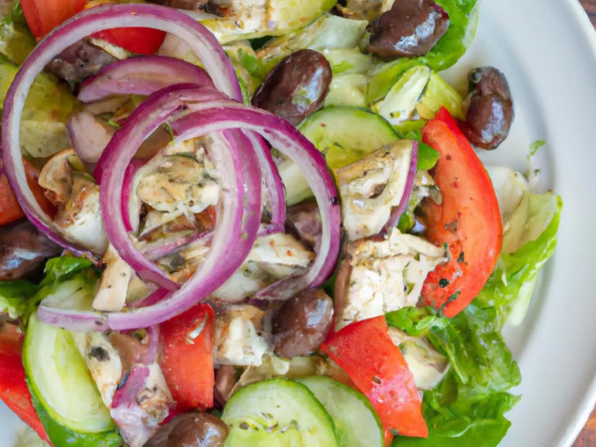 Greek Salad with Chicken Souvlaki and Oil Balsamic & Pita Greek Salad with Chicken Souvlaki and Oil Balsamic & Pita
