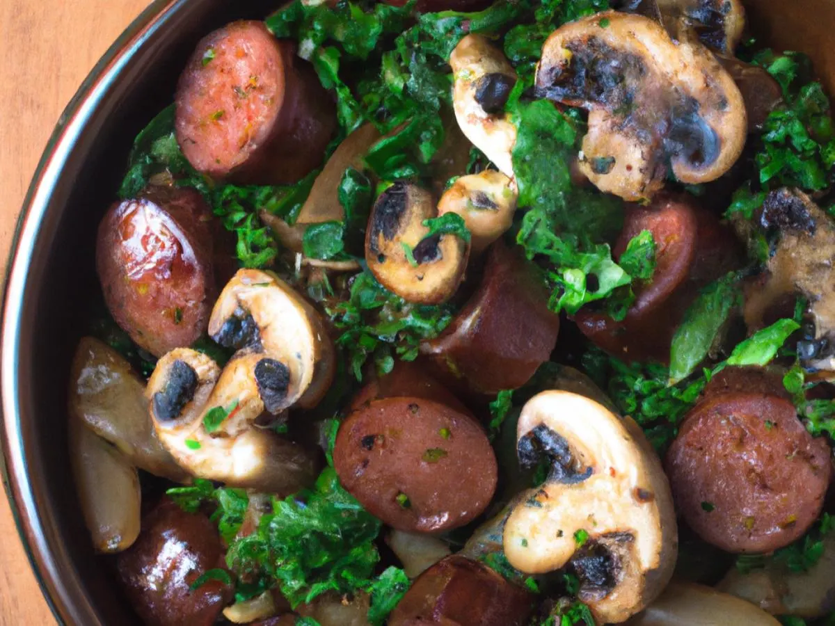 Louisiana Hot Link with Smoked Portobello Mushroom & Collard Greens (Light Carb) Louisiana Hot Link with Smoked Portobello Mushroom & Collard Greens (Light Carb)