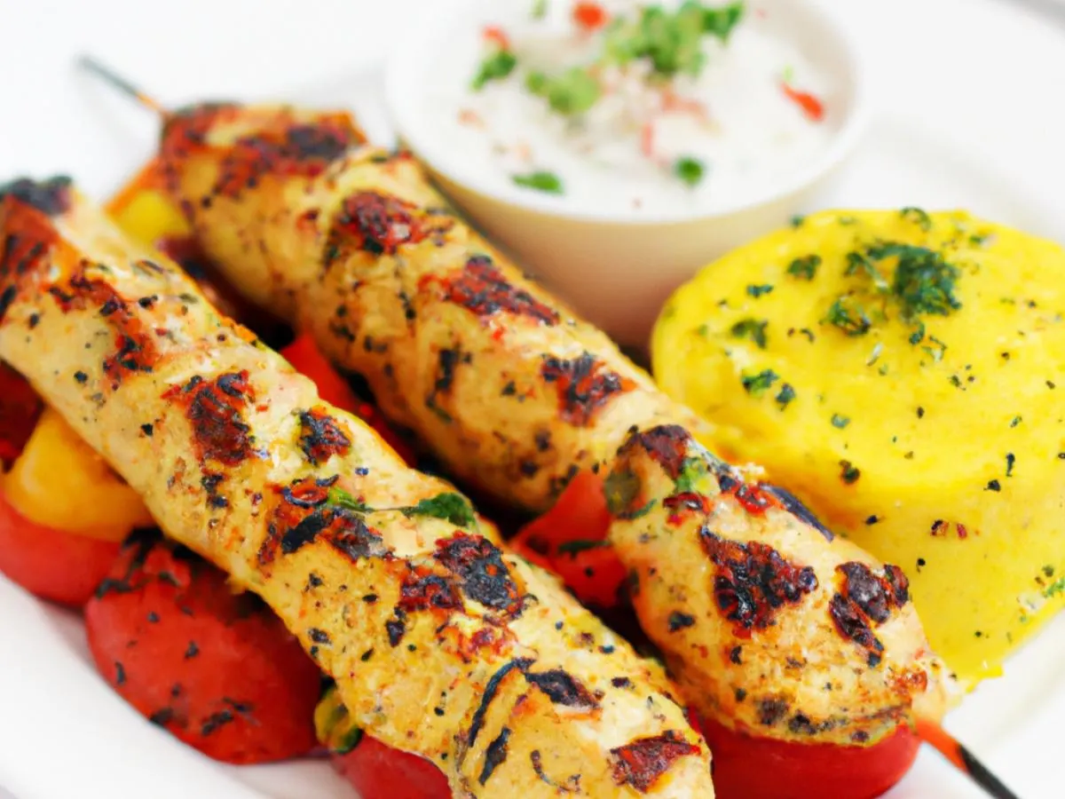 Chicken Koobideh with Persian Style Veggies, Saffron Rice and Tzatziki Sauce