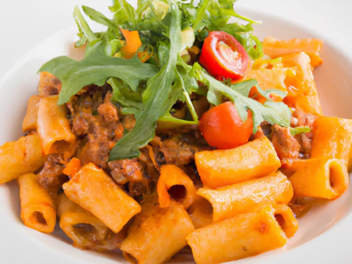 Rigatoni Bolognese with Insalate Mista Rigatoni Bolognese with Insalate Mista