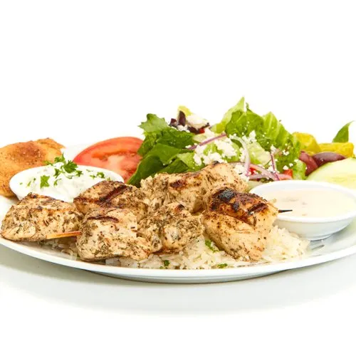Chicken Kebobs w/ Rice and Greek Salad Box Chicken Kebobs w/ Rice and Greek Salad Box