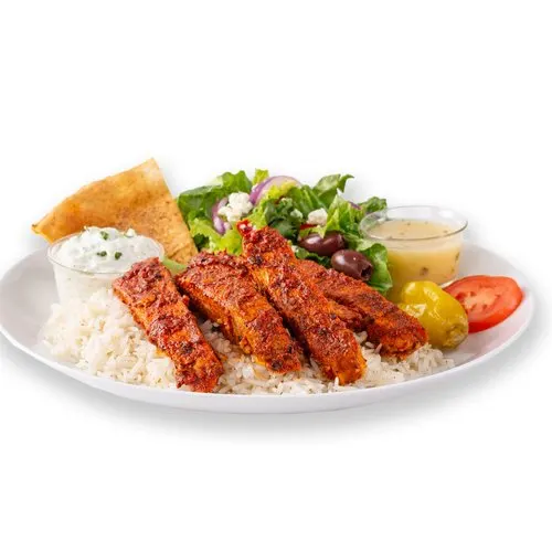 Spicy Harissa Chicken w/ Rice and Greek Salad Box Spicy Harissa Chicken w/ Rice and Greek Salad Box