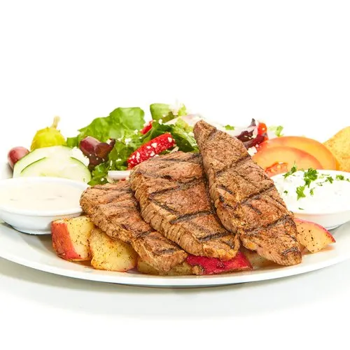 Chargrilled Lamb w/ Rice and Greek Salad Box Chargrilled Lamb w/ Rice and Greek Salad Box