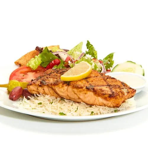 Grilled Salmon w/ Rice and Greek Salad Box Grilled Salmon w/ Rice and Greek Salad Box