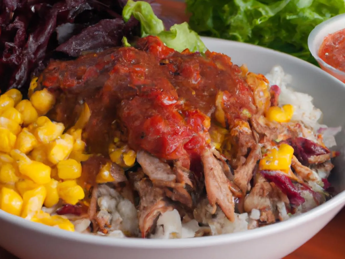 Smoked Pulled Pork Burrito Bowl with Spicy Corn Salsa and Red Chili Sauce Smoked Pulled Pork Burrito Bowl with Spicy Corn Salsa and Red Chili Sauce