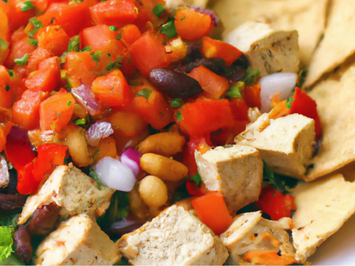 Vegan Tofu Veggie Amigos Entree Salad with Tortilla Chips and Salsa