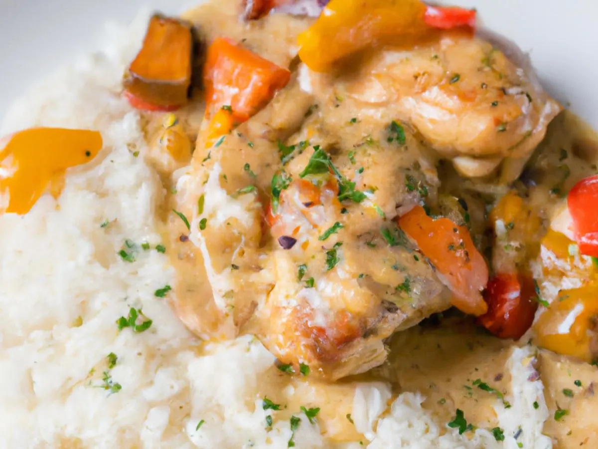 Chicken Fricassee, White Rice and Roasted Vegetables