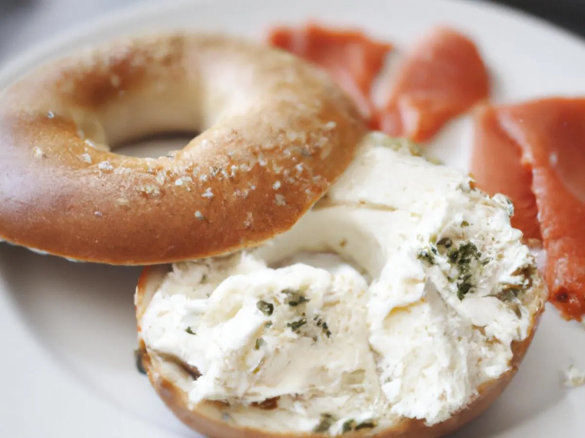 Salt Bagel with Olive & Herb Cream Cheese, and Lox Salt Bagel with Olive & Herb Cream Cheese, and Lox