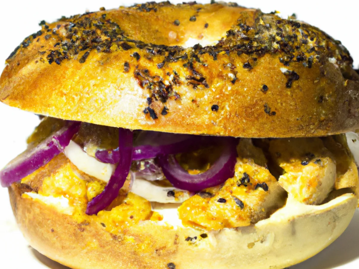 Sesame Seed Bagel Saffron Chicken Shwarma Sandwich Sesame Seed Bagel Saffron Chicken Shwarma Sandwich