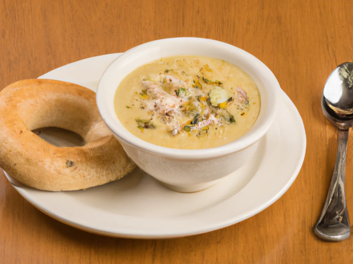 Cup of Chicken and Pistachio Soup with Plain Bagel Cup of Chicken and Pistachio Soup with Plain Bagel