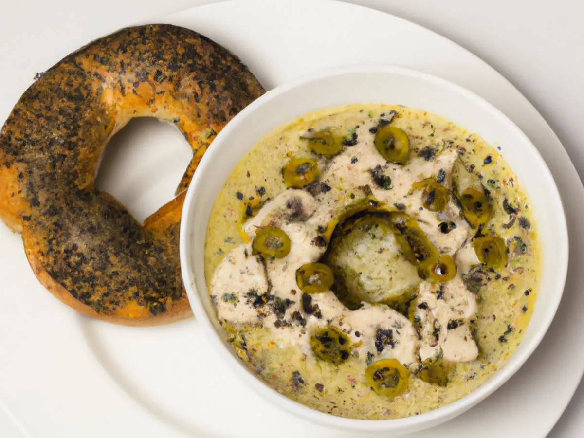 Bowl of Chicken and Pistachio Soup with Poppy Bagel Bowl of Chicken and Pistachio Soup with Poppy Bagel