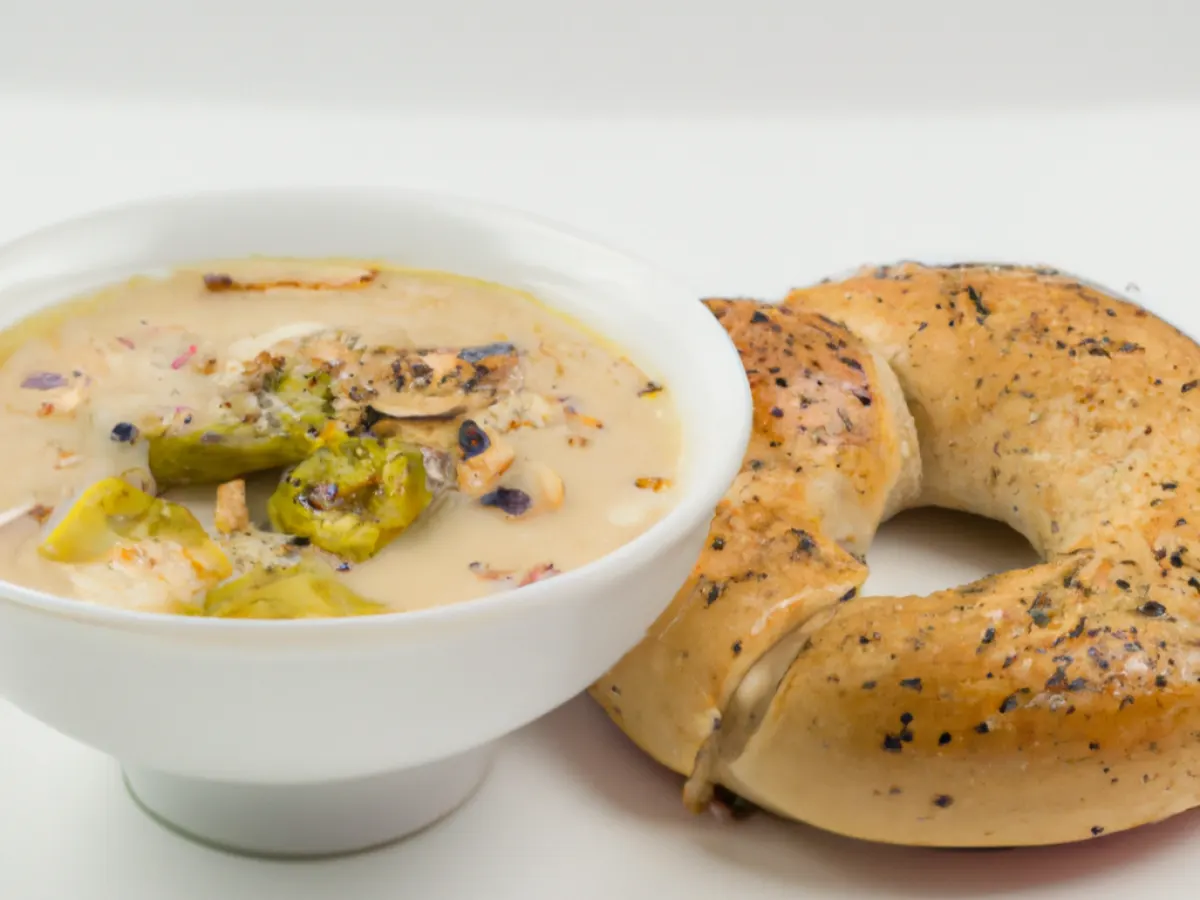 Cup of Chicken and Pistachio Soup with Wheat Bagel Cup of Chicken and Pistachio Soup with Wheat Bagel