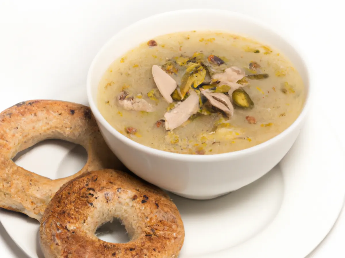 Bowl of Chicken and Pistachio Soup with Sesame Wheat Seed Bagel Bowl of Chicken and Pistachio Soup with Sesame Wheat Seed Bagel
