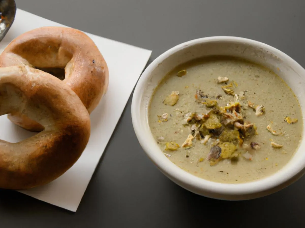Cup of Chicken and Pistachio Soup with Gluten Free Bagel Cup of Chicken and Pistachio Soup with Gluten Free Bagel
