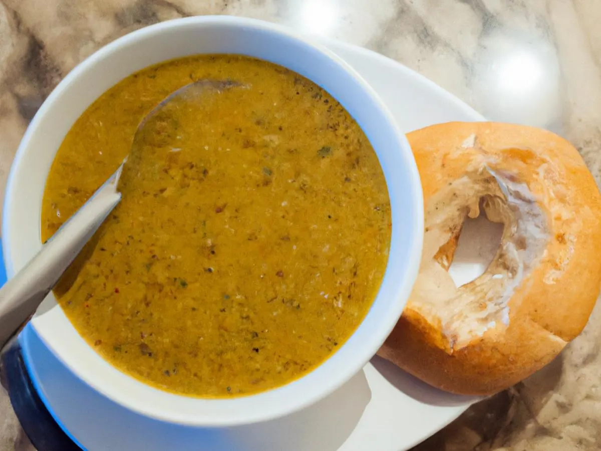 Bowl of Lebanese Lentil Soup with Plain Bagel Bowl of Lebanese Lentil Soup with Plain Bagel