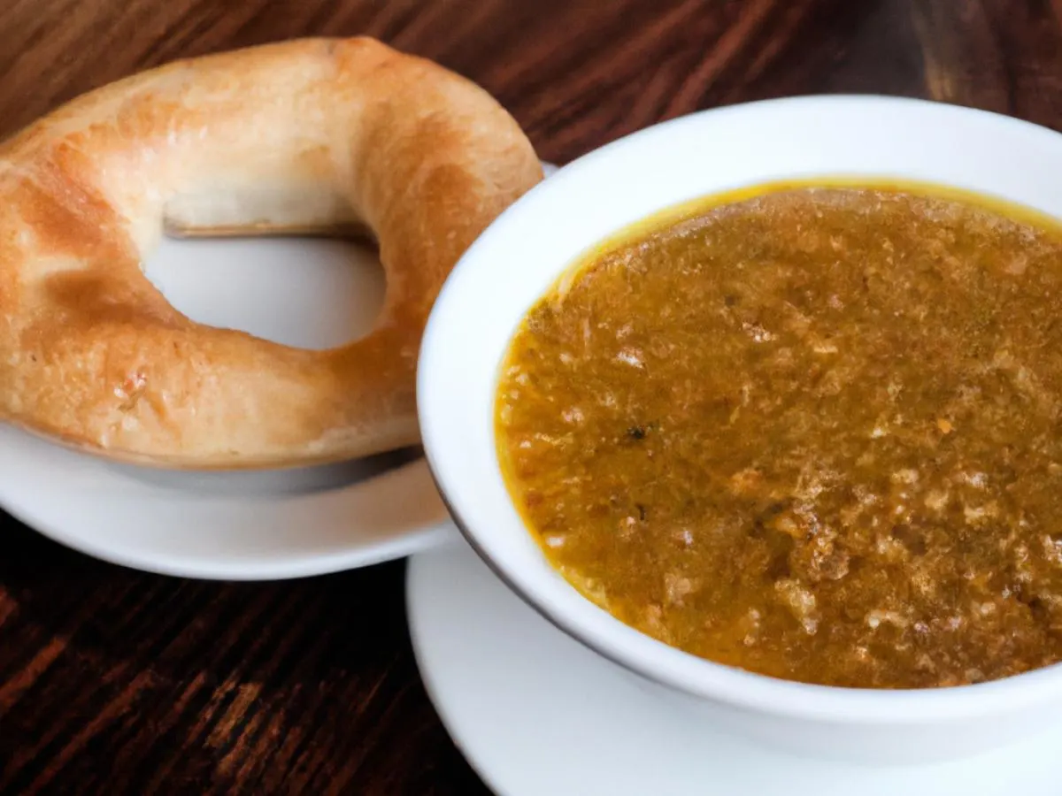 Bowl of Lebanese Lentil Soup with Salt Bagel Bowl of Lebanese Lentil Soup with Salt Bagel
