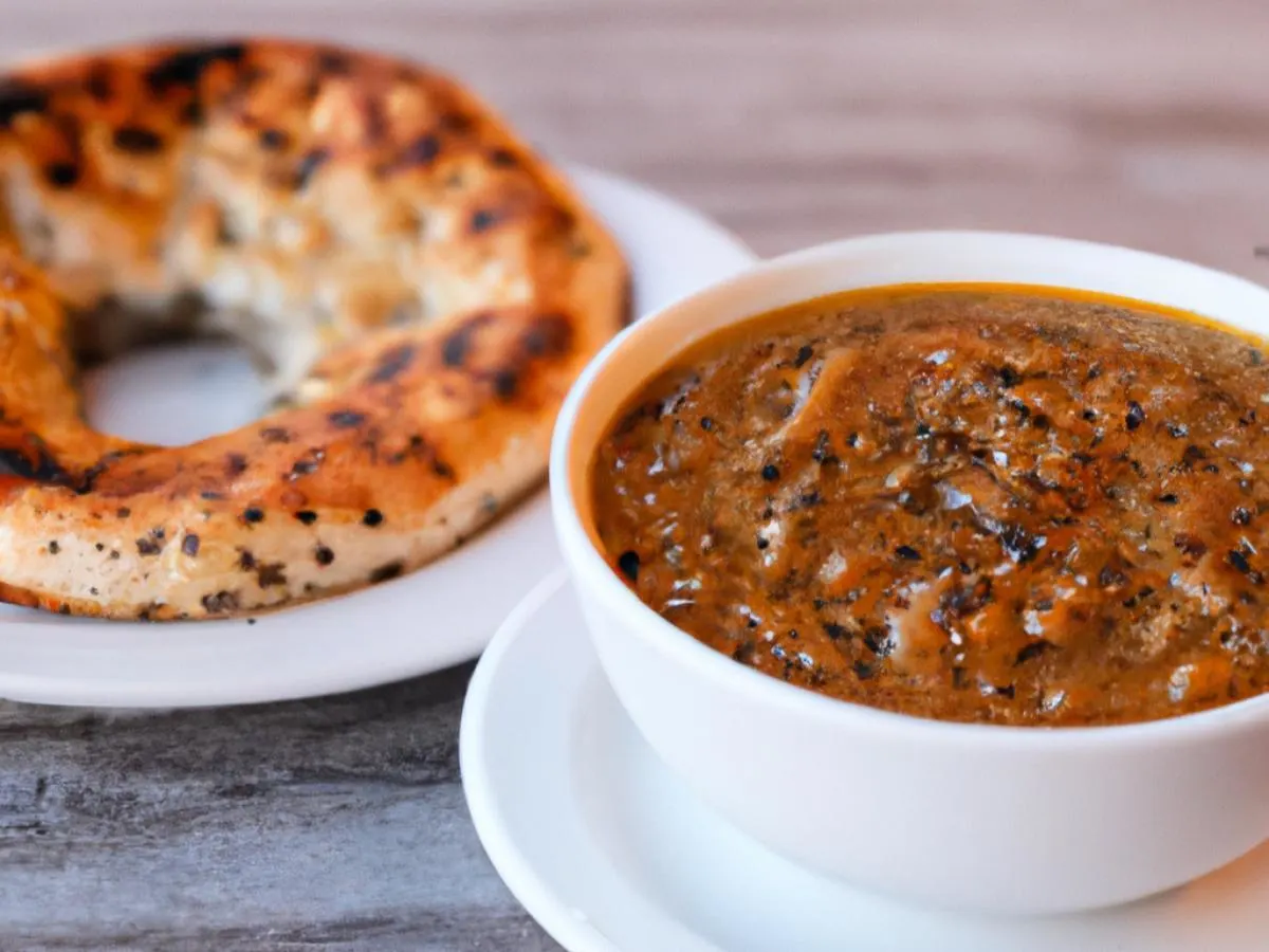 Bowl of Lebanese Lentil Soup with Sesame Seed Bagel Bowl of Lebanese Lentil Soup with Sesame Seed Bagel