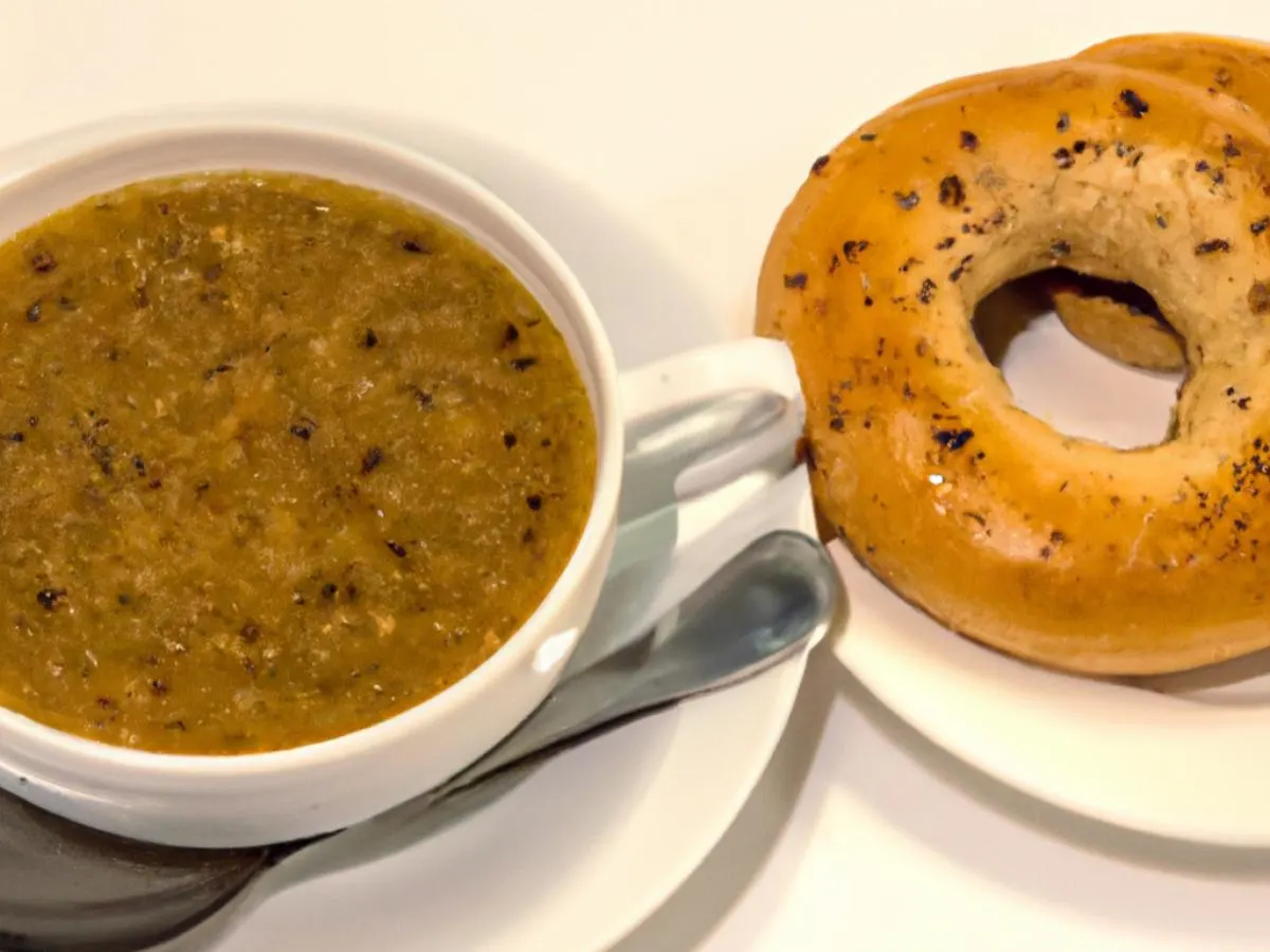 Cup of Lebanese Lentil Soup with Sesame Wheat Seed Bagel Cup of Lebanese Lentil Soup with Sesame Wheat Seed Bagel