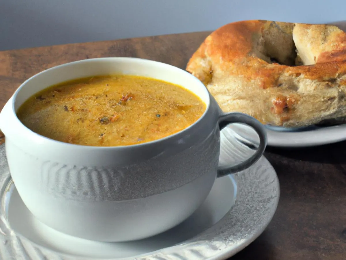 Cup of Lebanese Lentil Soup with Gluten Free Bagel Cup of Lebanese Lentil Soup with Gluten Free Bagel