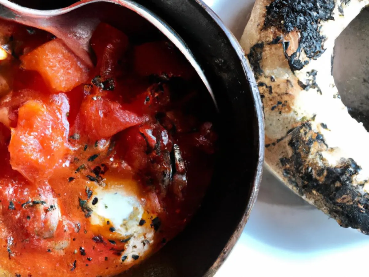 Bowl of Shakshuka with Poppy Bagel Bowl of Shakshuka with Poppy Bagel