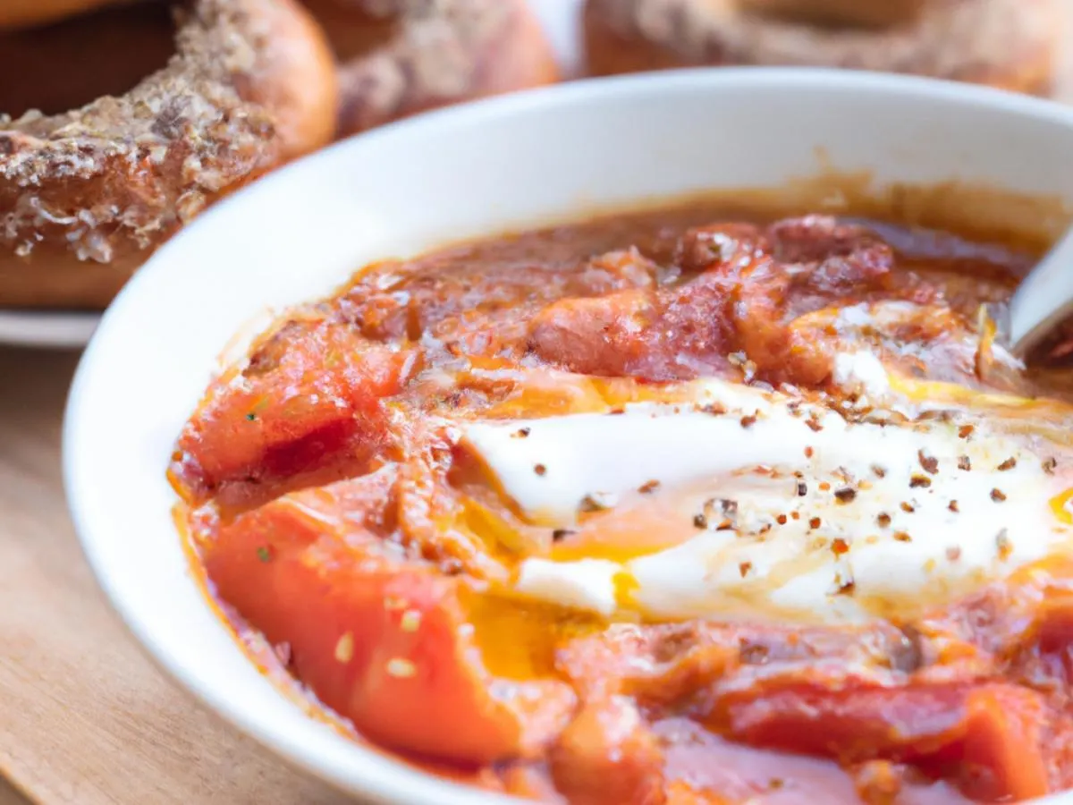 Bowl of Shakshuka with Sesame Seed Bagel Bowl of Shakshuka with Sesame Seed Bagel