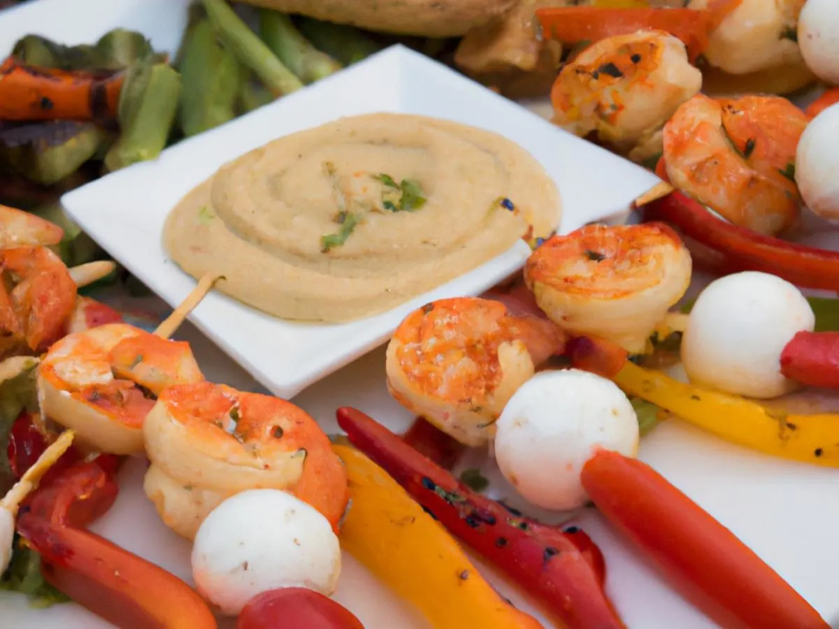 Grilled Shrimp Skewers, Caprese Skewers, Vegetable Crudite, Hummus
