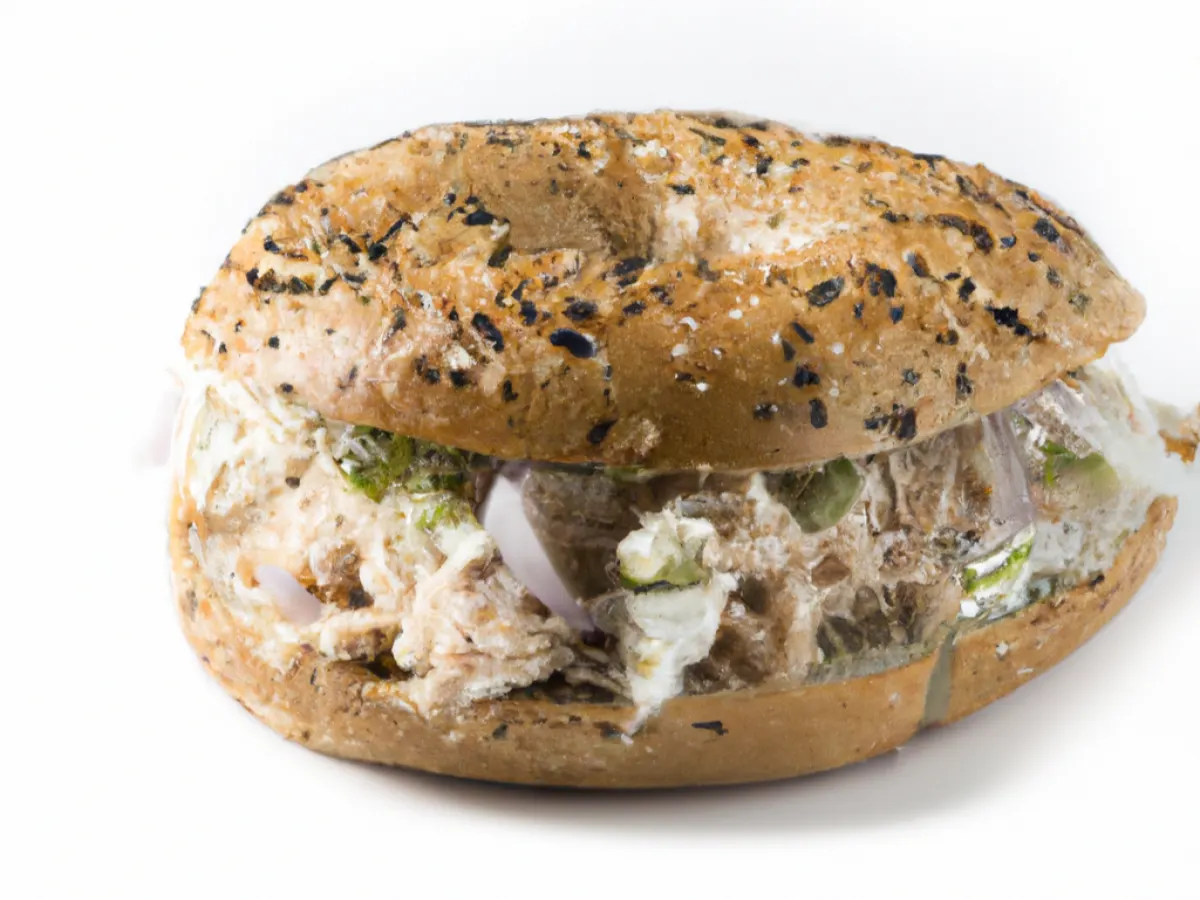 Sesame Wheat Seed Bagel Saffron Chicken Shawarma Sandwich with Side Salad Sesame Wheat Seed Bagel Saffron Chicken Shawarma Sandwich with Side Salad