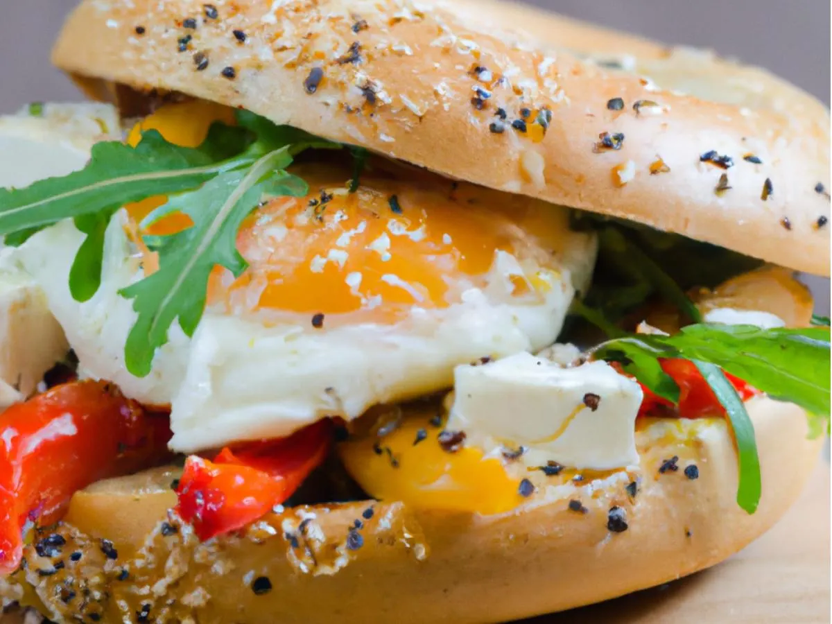 Sesame Wheat Seed Bagel Feta & Pepper Sandwich with side salad Sesame Wheat Seed Bagel Feta & Pepper Sandwich with side salad
