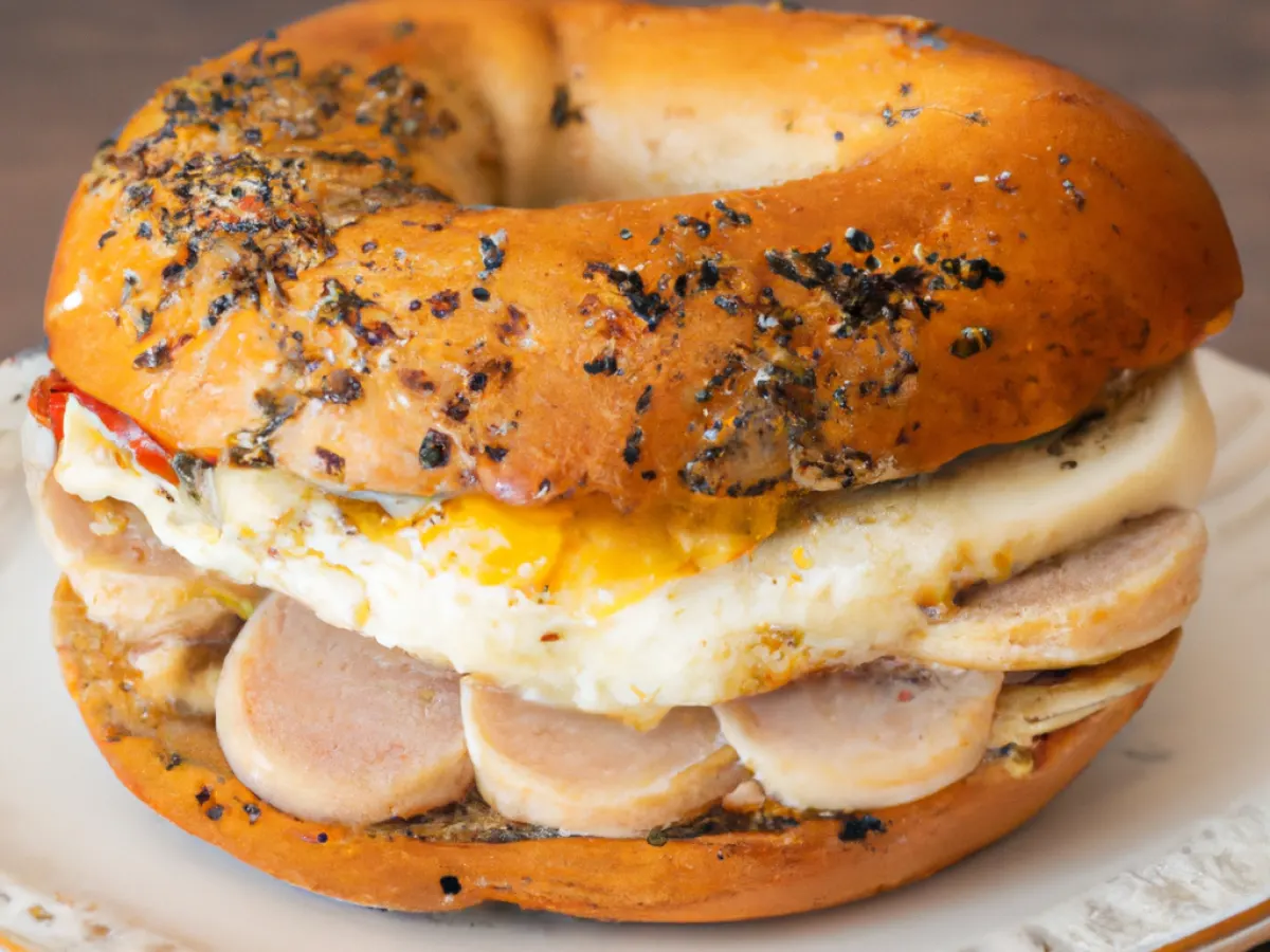 Sesame Wheat Seed Bagel Sumac Chicken Sausage Sandwich with side salad Sesame Wheat Seed Bagel Sumac Chicken Sausage Sandwich with side salad