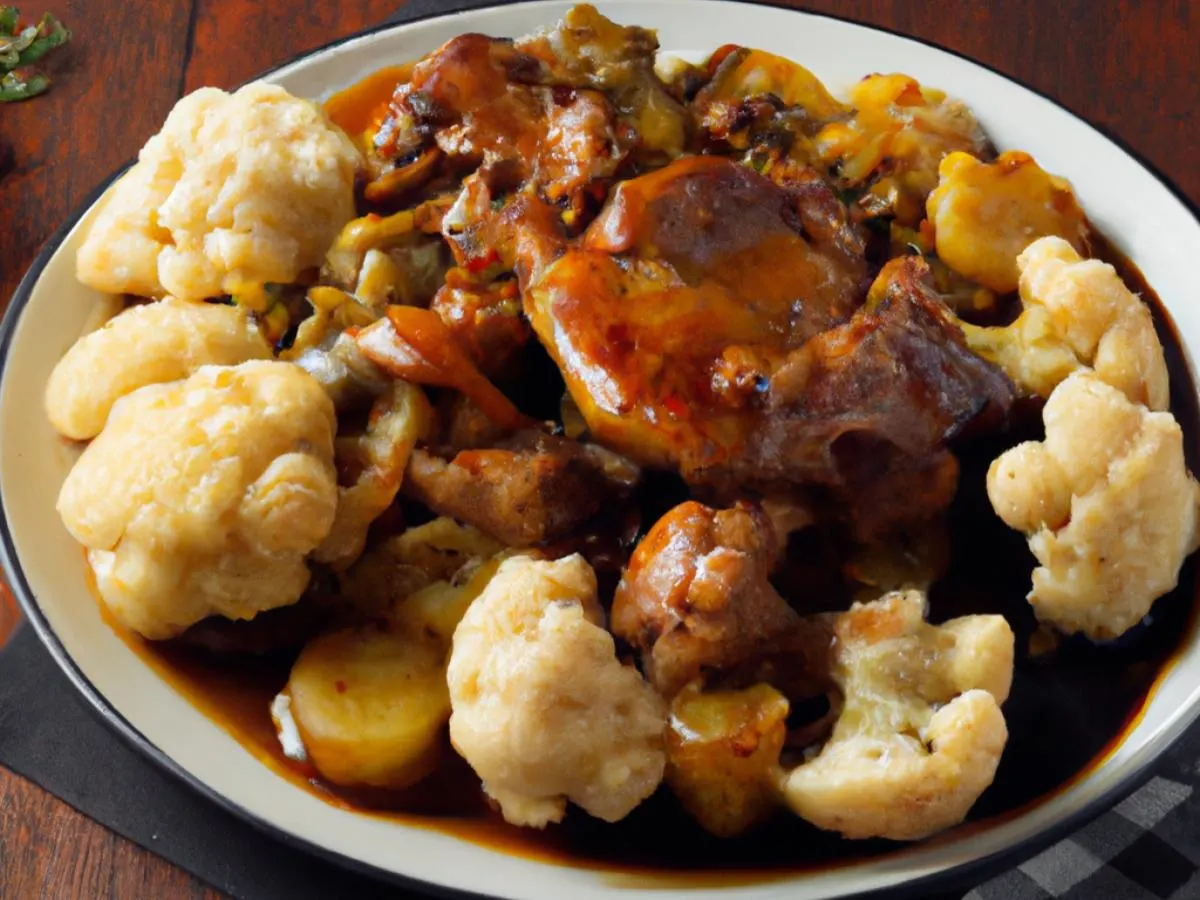 Braised Pork Caldereta with Roasted Potatoes and Cauliflower Braised Pork Caldereta with Roasted Potatoes and Cauliflower