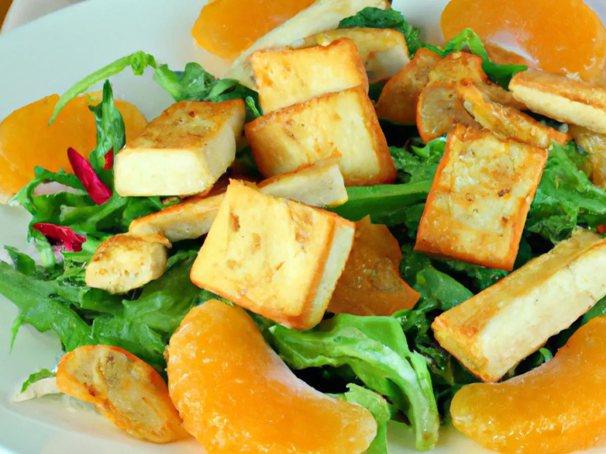 Vegan Citrus Arugula Entree Salad with Seared Tofu and Orange Vinaigrette Vegan Citrus Arugula Entree Salad with Seared Tofu and Orange Vinaigrette