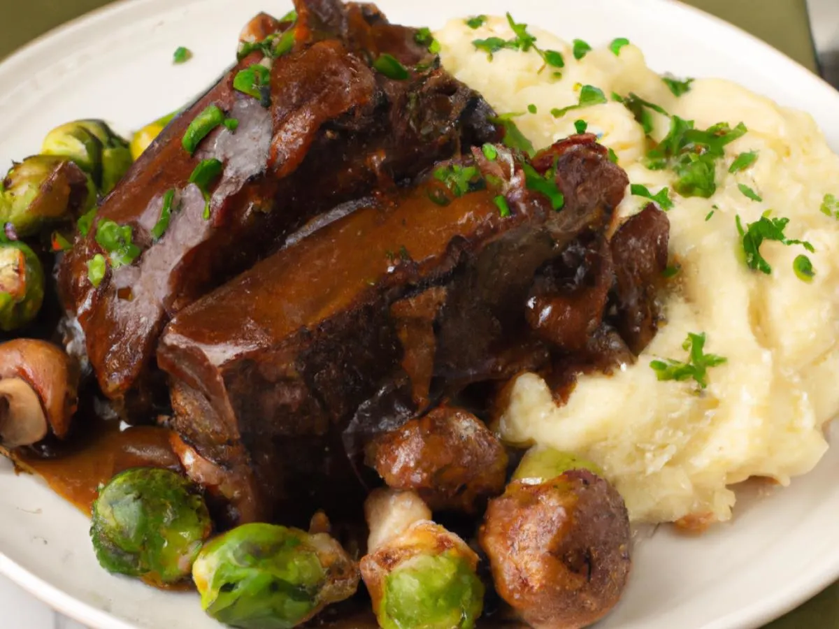 Braised Short Rib Bourguignon with Mashed Potatoes and Balsamic Brussel Sprouts Braised Short Rib Bourguignon with Mashed Potatoes and Balsamic Brussel Sprouts