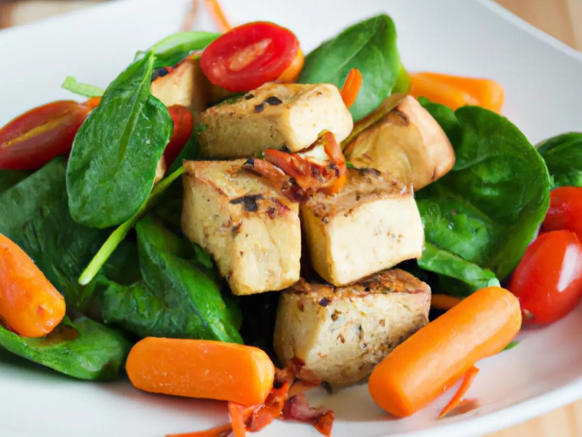 Vegan Baby Spinach Entree Salad with Seared Tofu and Balsamic Vinaigrette Vegan Baby Spinach Entree Salad with Seared Tofu and Balsamic Vinaigrette