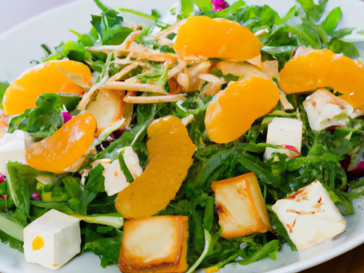 Vegetarian Citrus Arugula Entree Salad with Seared Tofu and Orange Vinaigrette Vegetarian Citrus Arugula Entree Salad with Seared Tofu and Orange Vinaigrette