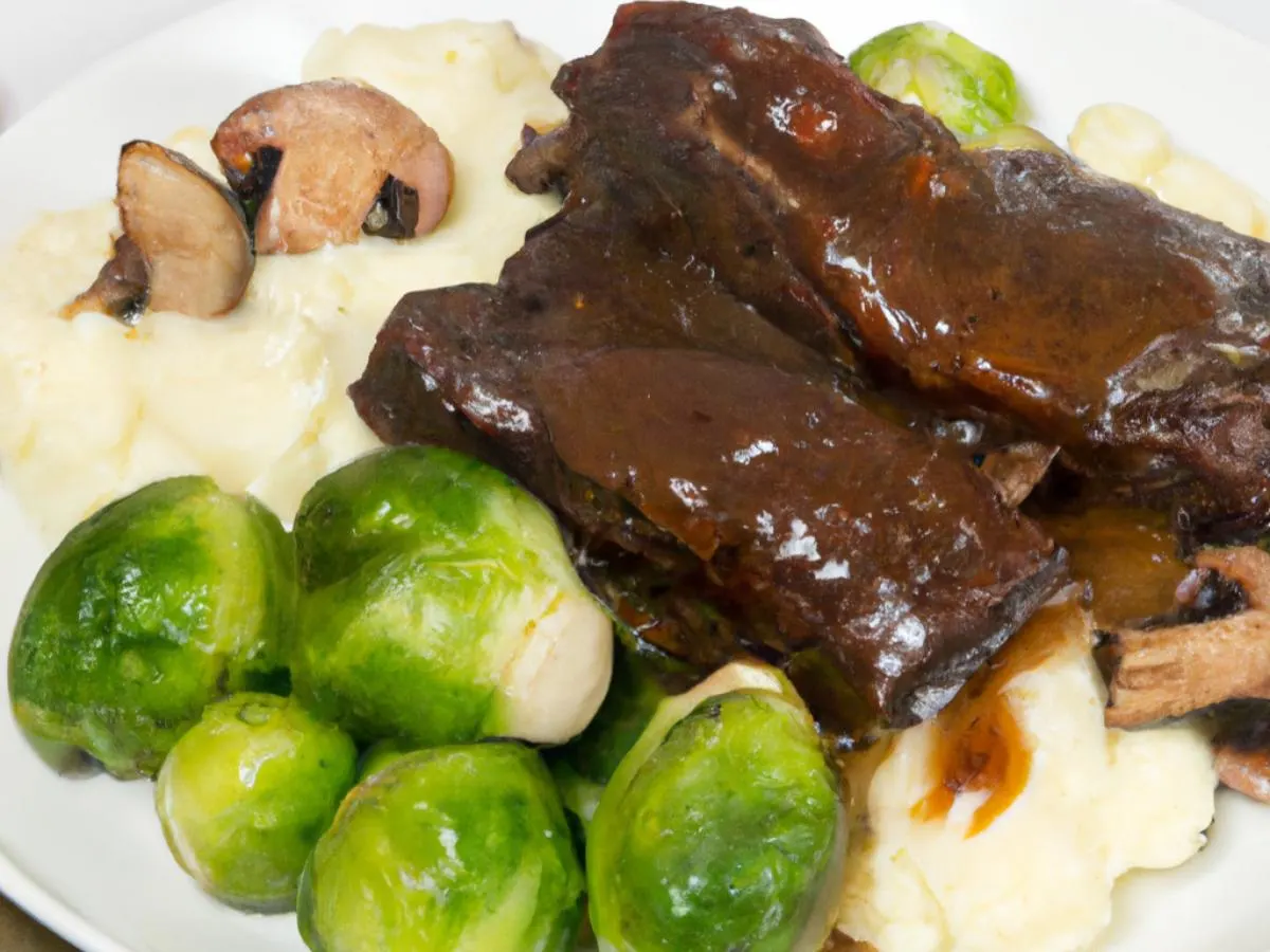 Braised Short Rib, Mushroom Demi, Mashed Potatoes & Balsamic Brussel Sprouts Braised Short Rib, Mushroom Demi, Mashed Potatoes & Balsamic Brussel Sprouts